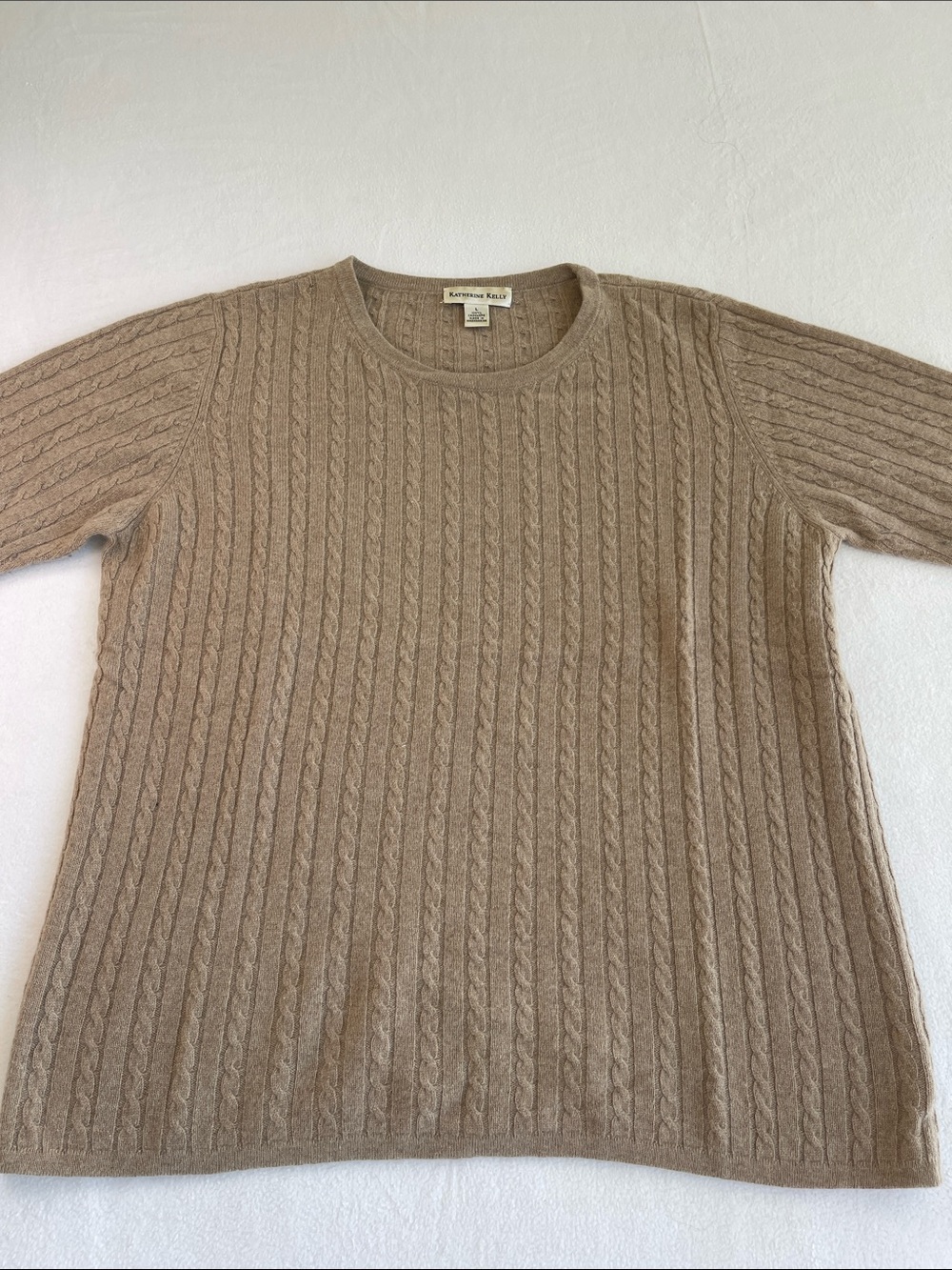 Katherine Kelly 100% Cashmere Cable Knit Sweater Taupe L